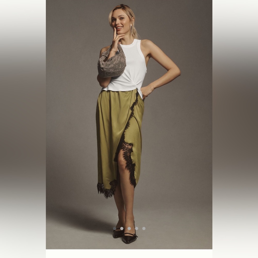 Anthropologie Asymmetrical twofer dress with Olive Skirt with Black Lace